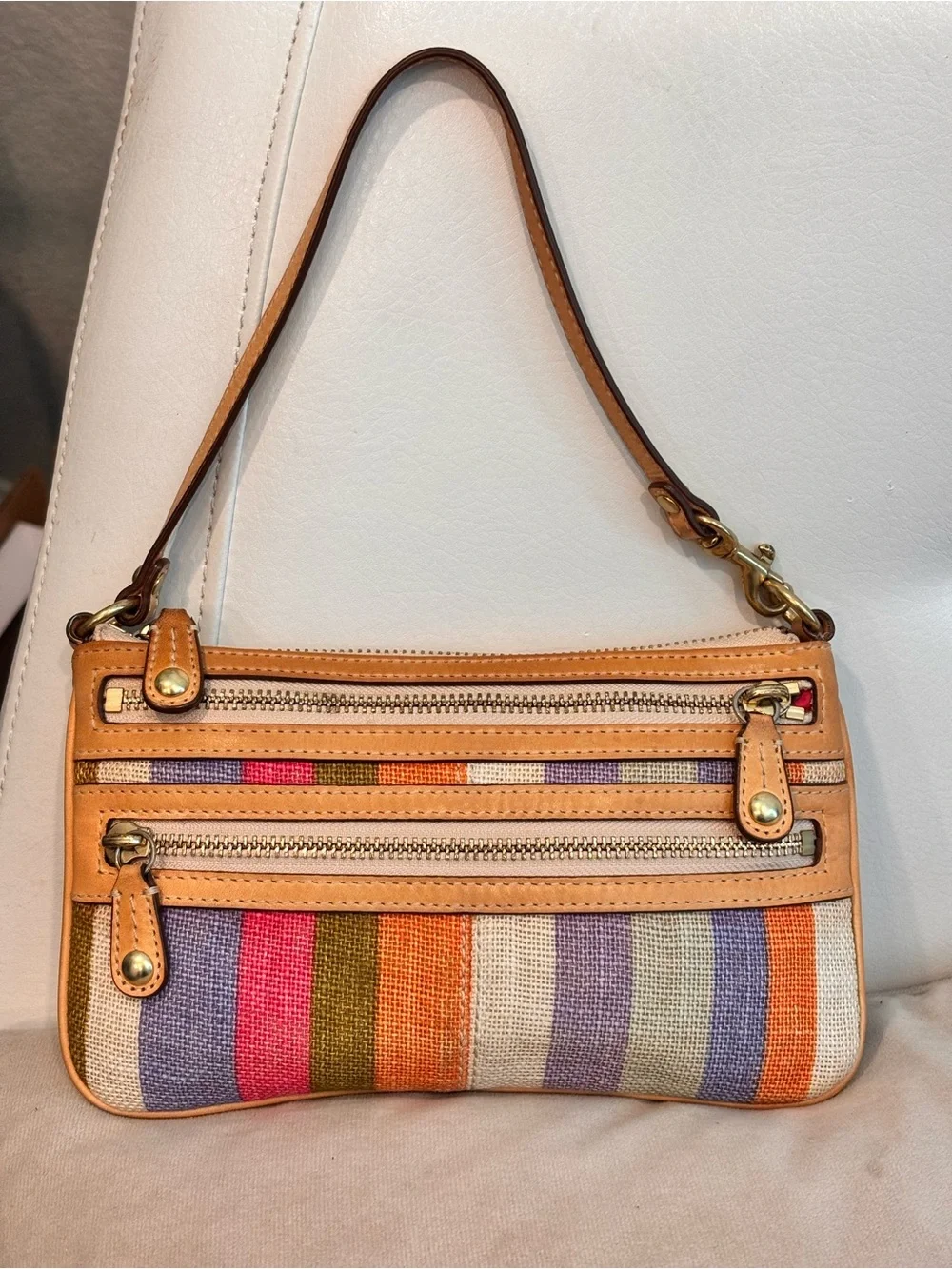 Coach Multicolor Striped Canvas & Leather Wristlet - Orange, Purple, Pink, Brown